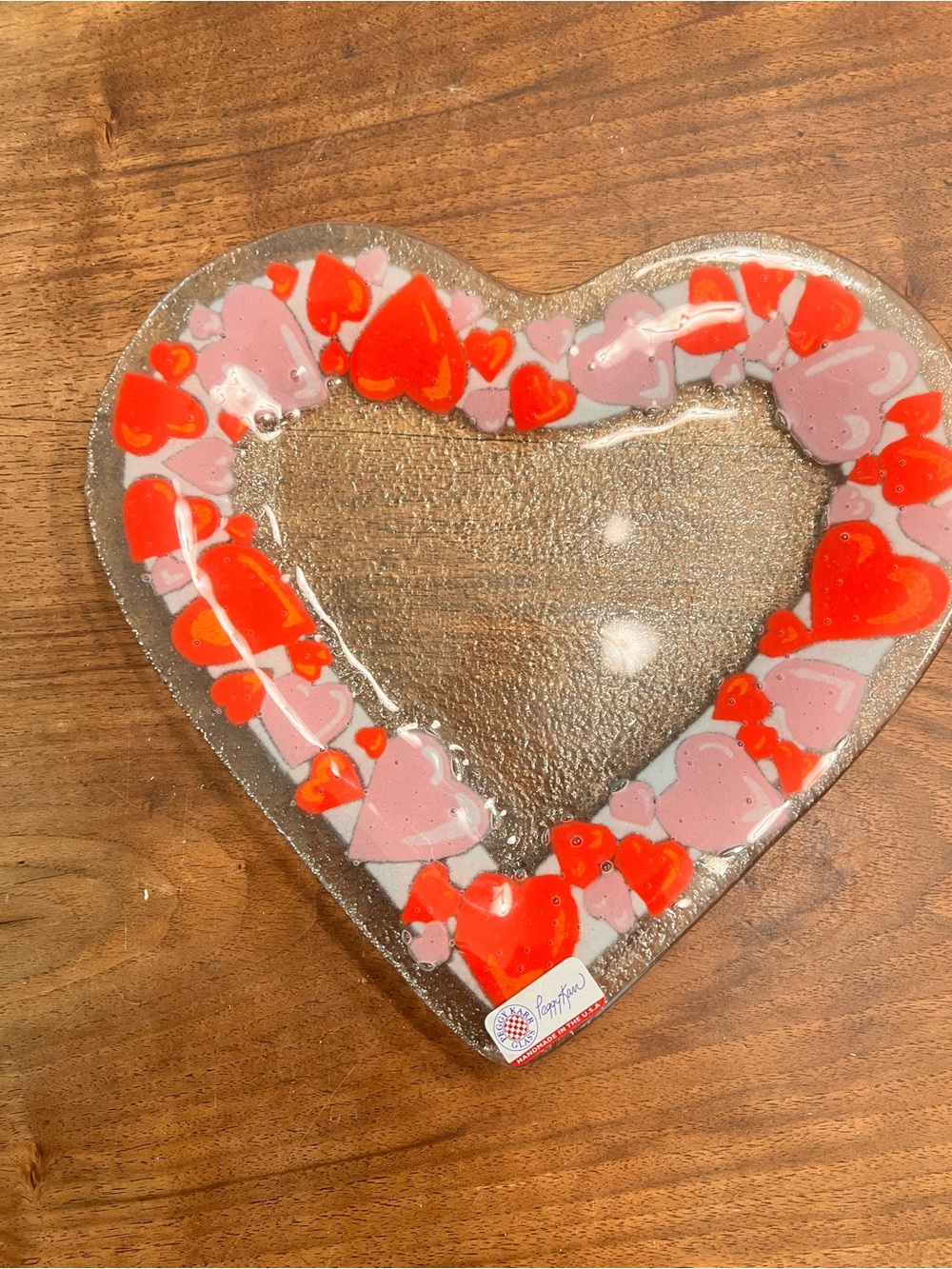 Peggy Karr (2006) Handcrafted Heart Glass Tray in Pink and Red